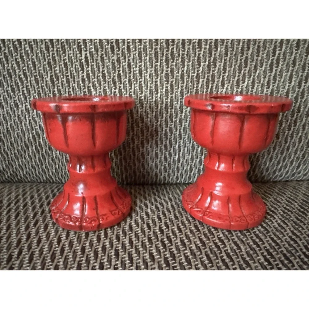 Vintage Pair‎ Red Ceramic Candle Holders Mid Century Modern Japan Boho Decor